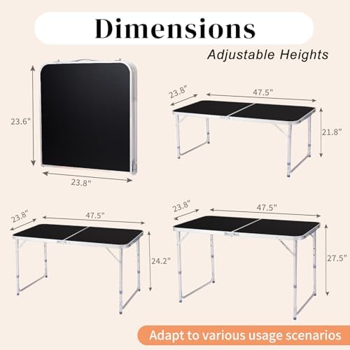 Aluminum Folding Camping Table,3 Adjustable Heights Lightweight (Black, 4FT - Image 3