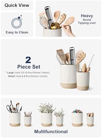 LE TAUCI Ceramic Kitchen Utensil Holder Set of 2 - 6.9"+5.3" Large Cooking Utensil Crock & Organizer for Spatula, Spoon, Whisk - Farmhouse Countertop Storage, Cream Beige, Line - Image 4