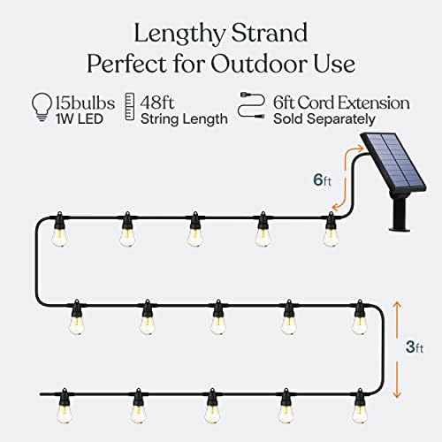 Brightech Ambience Pro Solar Powered Outdoor String Lights, 48 ft Commercial Grade Waterproof Patio Lights, 15 Edison Bulbs, Shatterproof LED String Lights for Outside, Porch - 1W Soft White - Image 3