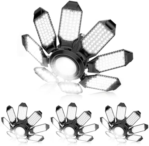 Garage Lights - Super Bright 250W LED Garage Ceiling Light w/ 8 Deformable Panels 6500K Led Light Bulb Srew in E26/E27 Socket with Adjustable Center Spotlight for Barn Workshop Attic - 4Pack by POLARPRAUS