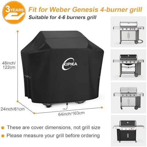 Kipiea 600D Heavy Duty Gas Grill Cover for Weber Genesis 400 & LX Series Grills, 64-Inch Waterproof BBQ Cover with Windproof Buckles, UV Resistant, No Tear – Not Compatible with 2022+ Genesis 400 - Image 3