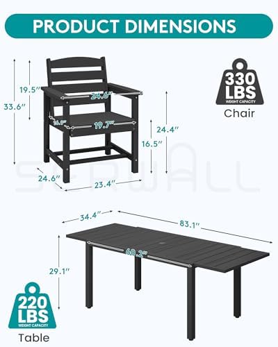 SERWALL 60" - 83" Expandable Outdoor Dining Table and 6 HDPE Chairs, Black - Image 5
