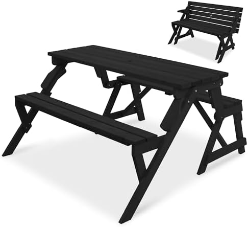 Best Choice Products 2-in-1 Transforming Interchangeable Outdoor Wooden Picnic Table Garden Bench for Backyard, Porch, Patio, Deck w/Umbrella Hole - Black by BestChoiceProducts