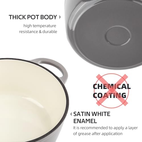 3 Quart Dutch Oven Enameled Cast Iron with Lid - Big Dual Handles - Oven Safe up to 500°F - Classic Round Pot for Versatile Cooking Light Gray - Image 3