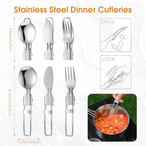 Funnymoom 15 Pcs Camp Cooking Set Stainless Steel Camping Cookware Mess Kit with Pot Pan and Stove 2 Set Stainless Steel Cups Plates Forks Knives Spoons for Camping Backpacking Outdoor Cooking Picnic - Image 5