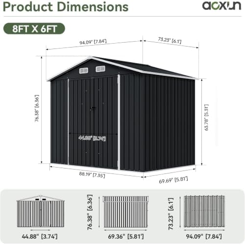Aoxun 6' x 8' Storage Shed Outdoor Steel Black - Image 2