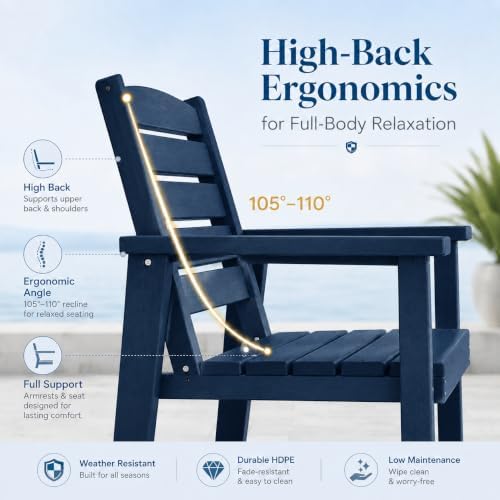 Patio Dining Chairs Set of 2, All-Weather HDPE Outdoor Dining Chair with High Back, Stackable Heavy Duty 400 lbs Lawn Armchair for Backyard Deck Porch Table, Navy Blue - Image 4