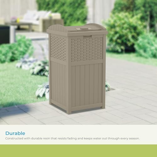 Suncast Wicker Resin Outdoor Hideaway Trash Can with Latching Lid for Use in Backyard, Deck, or Patio, Dark Taupe - Image 5