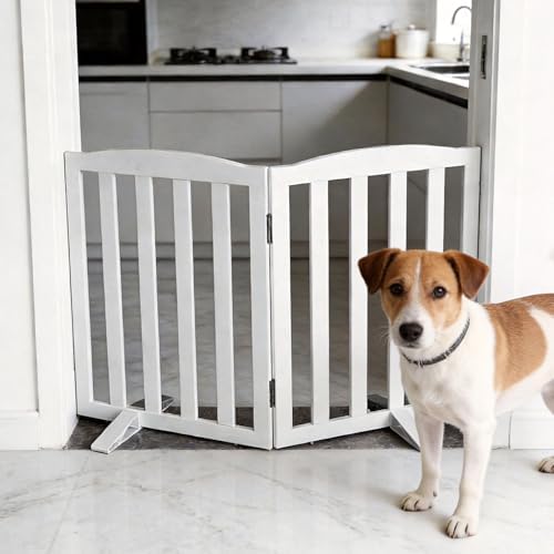 Freestanding Dog Gate Indoor, Doggie Gate Foldable Dog Gates for Doorways,Stairs or Hallways, Wooden White Pet Gate for The House, Pet Fence with Support Feet Included,24 "Height-2 Panels - Image 2