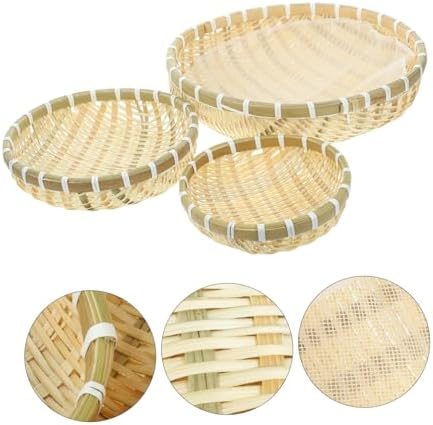 3Pcs Bamboo Woven Food Washing Basket Storage Canister Set, Khaki - Image 5
