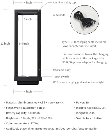 PUSU Cordless Waterproof Table Lamps Set of 2, Black LED Outdoor Desk Lamp - Image 5