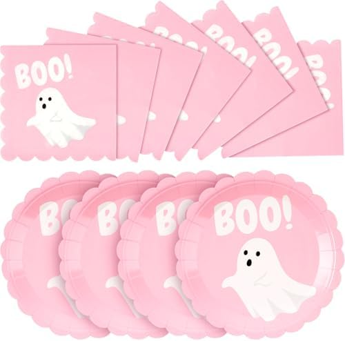 Roshtia 120 Pcs Pink Ghost Halloween Plates and Napkins Set by Roshtia