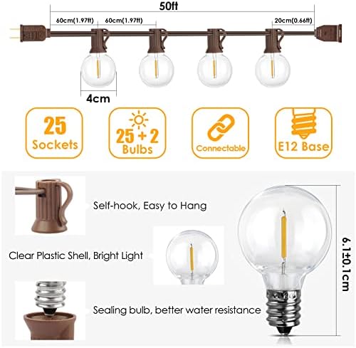 Mlambert 50Ft Outdoor String Lights, G40 Globe Patio Lights with 25+2 Waterproof LED Hanging Plastic Bulbs for Gazebo Pergola Cafe Bedroom-Brown Wire - Image 5