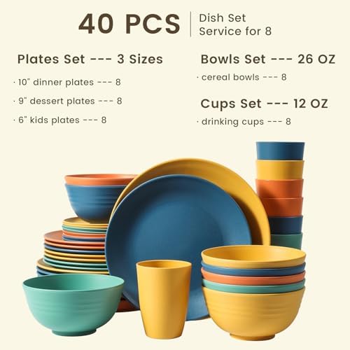 Homienly 40-Piece Premium Wheat Straw Dinnerware Sets, Service for 8, Unbreakable Plates and Bowls Set - Cups Sets, Dinner Plates, Bowls for Kitchen,Dishwasher and Microwave Safe Dishes Set - Multi - Image 2