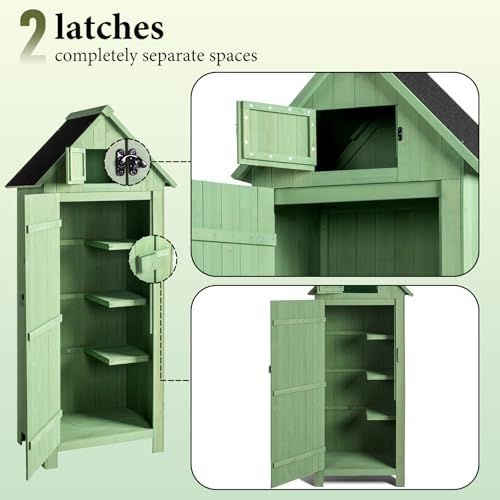 VINGLI Outdoor Wooden Storage Shed, Garden Shed Outside Tool Cabinet with Safety Latch, Patio Storage Organizer (Light Green) - Image 5