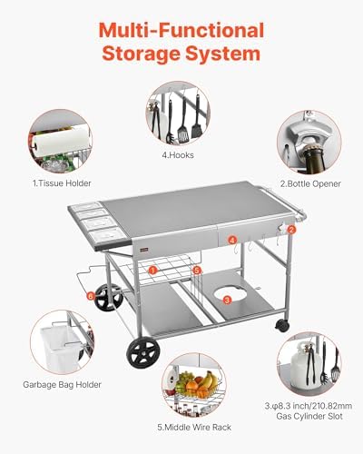 VEVOR Outdoor Grill Cart, Grilling Table, Movable Outdoor Cooking Table with 4 Spice Containers, Wheels, Lids, Hooks, BBQ Prep Tables for Picnic, Kitchen, Courtyard - Image 6