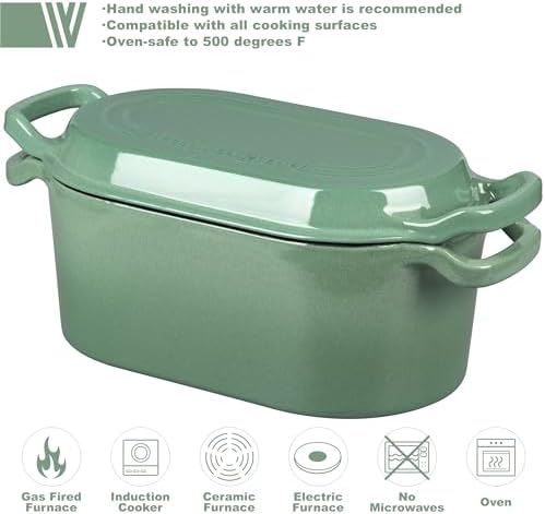 VORRINGARD Oval Dutch Oven Pot with Lid, Enamel Coating Cast Iron Bread Pans for Homemade Sourdough Bread Baking, Cooking, 4 Quart, Sage Green - Image 3