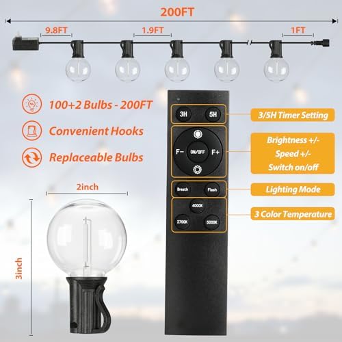200FT LED Outdoor String Lights with Dimmable 3 Color Lights with Remote - Image 6