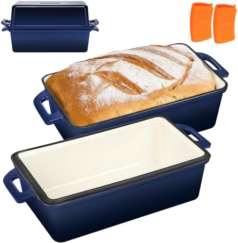 Wildone 2 in 1 Enameled Cast Iron Bread Pan with Lid, 9x5 Loaf Pans for Homemade Sourdough Bread, Cake, Meatloaf, Even Heating Bread Dutch Oven, Navy Blue by Wildone