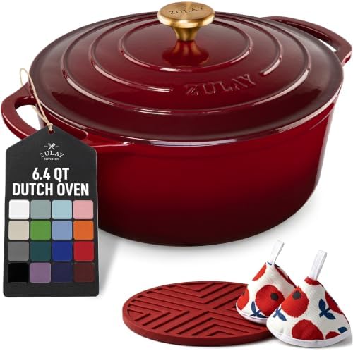 Zulay Kitchen 6.4QT Enameled Cast Iron Dutch Oven Pot with Lid, Heavy-Duty Soup Pot for Stews, Braising, Roasting & Sourdough Bread Baking, Oven Safe up to 500°F – Garnet by ZulayKitchen