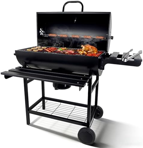 27" Large Charcoal Grill with Lid, Outdoor BBQ Grill with Thermometer, Side Shelves, Wheels & Ash Catcher, Barrel Smoker for Backyard Cooking by Hosbitia