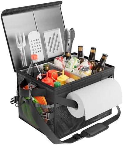 FANGSUN Grill Caddy with Lid, Foldable BBQ Caddy with Paper Towel Holder by FANGSUN
