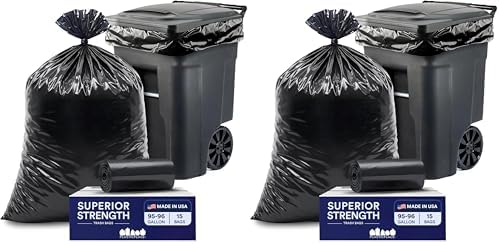 Plasticplace 95-96 Gallon Heavy Duty Black Trash Bags - Contractor Grade,Extra Large Garbage Bags for Construction & Outdoor Trash Cans,1.2 Mil Thick,61” x 68” (Roll),15 Count (Pack of 2) by Plasticplace