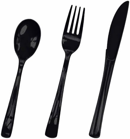 HEIPINIUYE 75 Pack Black Plastic Cutlery Heavy Duty Black Plastic Knives Forks and Spoons Disposable Silverware Set for 25 Guest Birthday Halloween Baby Shower Party Cutlery Set by HEIPINIUYE