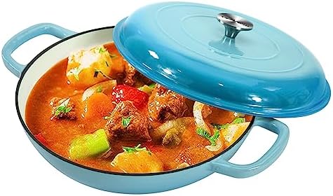 3.8 Quart Enameled Cast Iron Braiser Pan with Lid, Shallow Dutch Oven, Teal by COOKWINCastIron