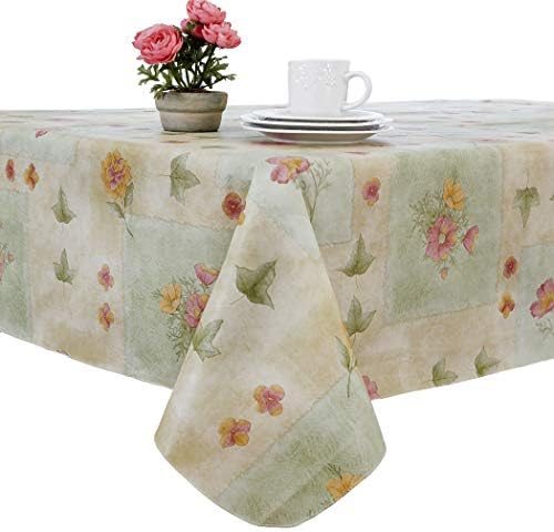 Peony Patch Flannel Backed Indoor Outdoor Vinyl Table Linens, 60-Inch by 84-Inch Oblong (Rectangle) with Umbrella Hole and Zipper, Sage by EVERYDAY+LUXURIES