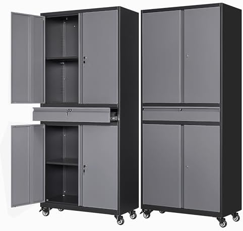 Letaya Metal Garage Storage Cabinet with Wheels,72” Rolling Tool Cabinet with 4 Door Lock-Adjustable Shelves and Drawer for Garage Home Office Utility Room (Black&Gray with Wheels) by LetayaMetalCabinets