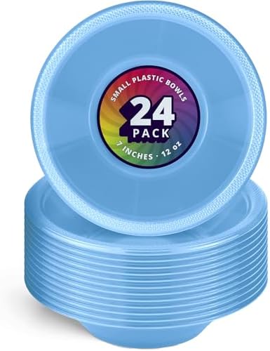 DecorRack 24 Light Blue Plastic Bowls, 7 in Disposable 12 oz Bowl by DecorRack