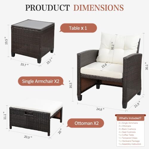 Vongrasig Patio Chair with Ottoman, 5 Pieces Patio Furniture Set Small Balcony Furniture, Rattan Patio Chairs Set of 2 with Glass Table for Front Porch Garden (Beige) - Image 3