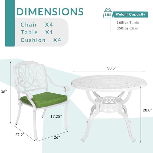 MEETWARM 5 Piece Patio Dining Set, Outdoor All-Weather Cast Aluminum Dining Table Set, Patio Furniture Set for Backyard Garden Deck, Include 4 Chairs, 4 Cushions and 1 Round Table, White - Image 5