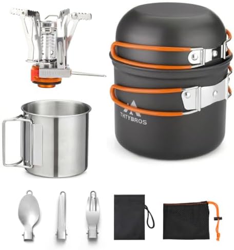 Camping Cookware Kit Backpacking, 0.33Gal Pots and 0.17Gal Pans Set,0.08Gal SUS304 Cup, Forks Knives Spoons for Hiking,Camping,Outdoor Cooking,Picnic,Solo Camping cookware by THTYBROS