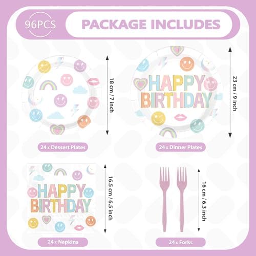 96Pcs Rainbow Smile Face Birthday Party Decorations, Serve 24 - Image 2
