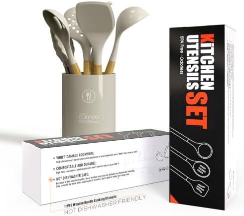 oannao Silicone Cooking Utensils Set - 446°F Heat Resistant Silicone Kitchen Utensils for Cooking,Kitchen Utensil Spatula Set w Wooden Handles, BPA FREE Gadgets for Non-Stick Cookware (Khaki) - Image 5