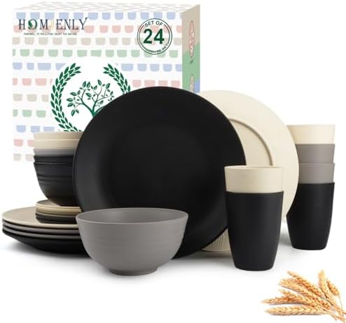 Homienly Wheat Straw Plates and Bowls Set, Lightweight & Unbreakable Dinnerware Set for Kitchen, Parties, Holidays, Microwave and Dishwasher Safe Dish Set - Plate Sets, Bowls, Cups, 24pcs (Grey Stone) by HOMIENLY