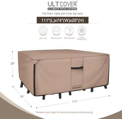ULTCOVER Rectangular Patio Heavy Duty Table Cover - 600D Tough Canvas Waterproof Outdoor Dining Table and Chairs General Purpose Furniture Cover Size 111L x 74W x 28H inch (Pack of 2) - Image 2