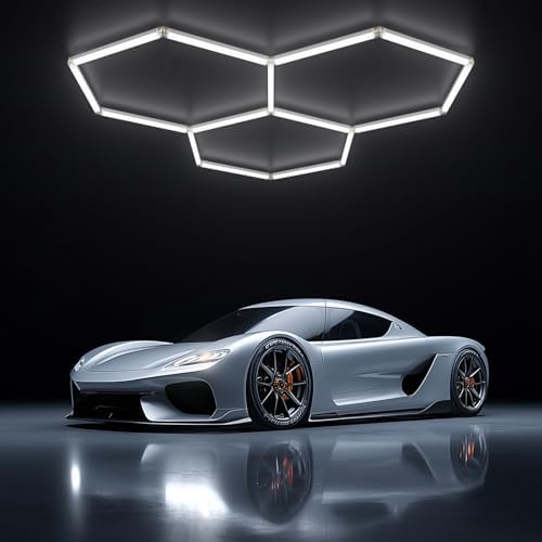 Hexagon Garage LED Ceiling Light 98W, 11700 Lumens, 6500K Ultra-Bright Expandable DIY Design Ideal for Auto Detailing, Workshops, Basements, Barber Shops, Gyms, and More (3 Pack) by xlitall