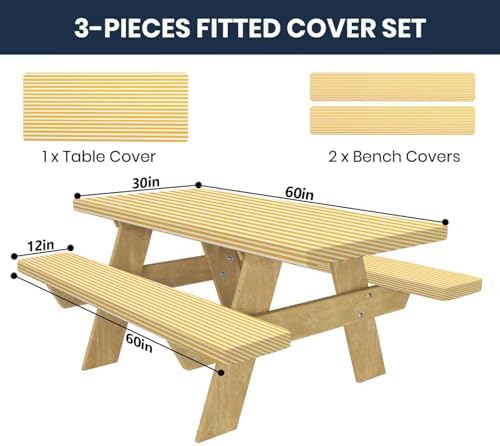 CAPSCEOLL Fitted Picnic Table Cover with Bench Covers 5ft - Yellow White - Image 2