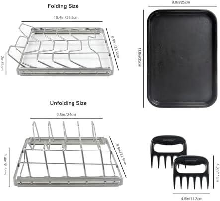 Foldable Rib Rack for Smoking, Stainless Steel 10 in Rib Rack with 2 Meat Shredder Claws, and Black PP Tray, Perfect for Grilling, Smoking, and Serving, BBQ Accessories - Image 2