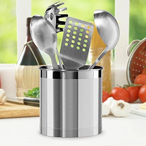 Oggi Stainless Steel Jumbo Utensil Holder - 7" Utensil Caddy, Weighted Base for Stability - Extra Large Utensil Crock and Countertop Utensil Organizer, Stainless Steel - Image 4