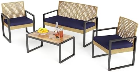 PHI VILLA 4 Piece Yellow Wicker Patio Furniture Set with Navy Cushion by PHIVILLA