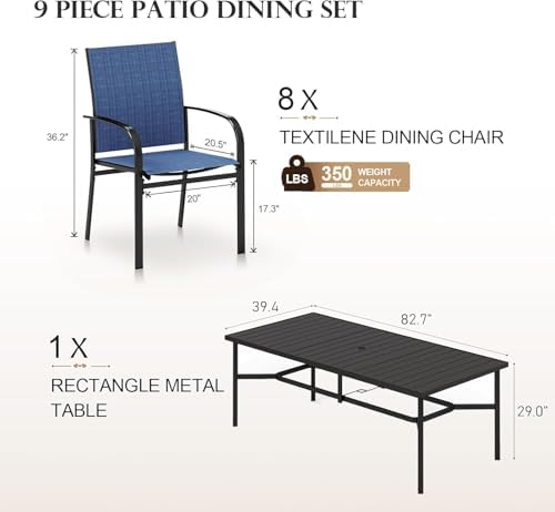 HERA'S HOUSE 9pc Outdoor Patio Dining Set for 8, Textilene Chairs, Blue - Image 6