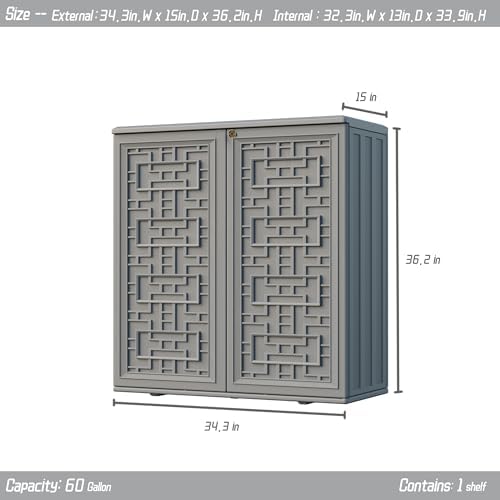 Mrosaa Indoor Outdoor Storage Cabinet Waterproof with Shelf,Plastic Storage Sheds Outdoor Cabinets for Patio/Garden/Backyard, Size 34.3''L*15''W*36.2''H（Gray） - Image 4