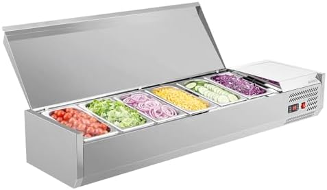 ROVSUN Refrigerated Condiment Prep Station, 59" Sandwich Prep Table ETL NSF, 34.2QT Salad Bar Prep Rail w/Auto Defrost, Temp Control, Stainless Steel Cover & 6 * 1/3 Pan for Restaurant Food Truck by ROVSUN
