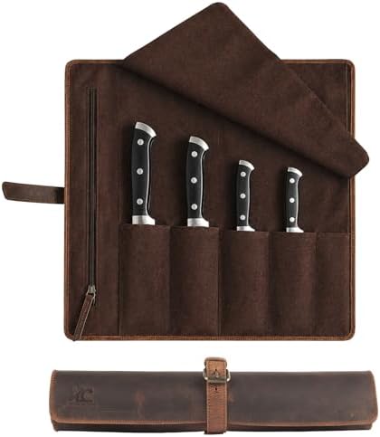Leather Knife Roll Bag for Chefs – 17.5” x 17.5” Professional Chef Knife Storage Organizer, Portable Culinary Knife Case, Travel Knife Roll for Kitchen, BBQ & Catering by KomalC
