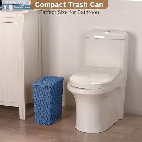 iEGrow Paper Rope Trash Can,Bathroom Trash Can with Lid, 3 Gallon Wicker Waste Basket with Removable Liner, for Bedroom, Living Room, Toilet, Under Sink Blue - Image 2