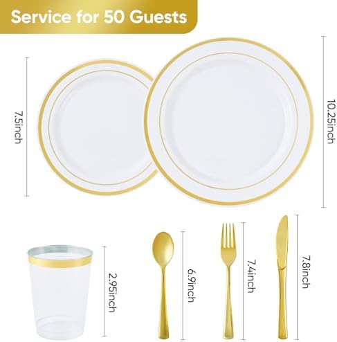 Fijinhom 350Pcs Gold Disposable Plates, Plastic Dinnerware Set for 50Guests - Image 3